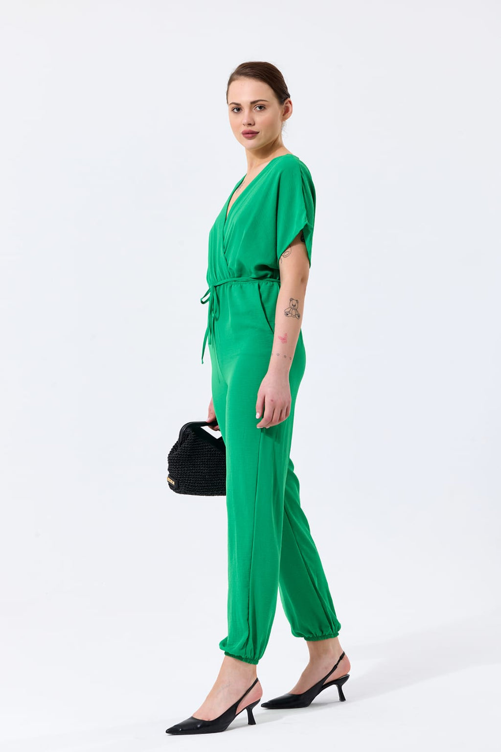 Batwing Sleeve Elasticated
Waist Jumpsuit in Green