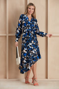 Long Sleeve Frill Midi Dress in Navy with Orange Floral Print | Size 12